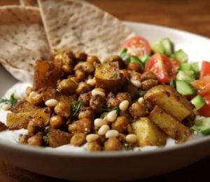 A roasted chickpea potato bowl, an easy viral vegan recipe