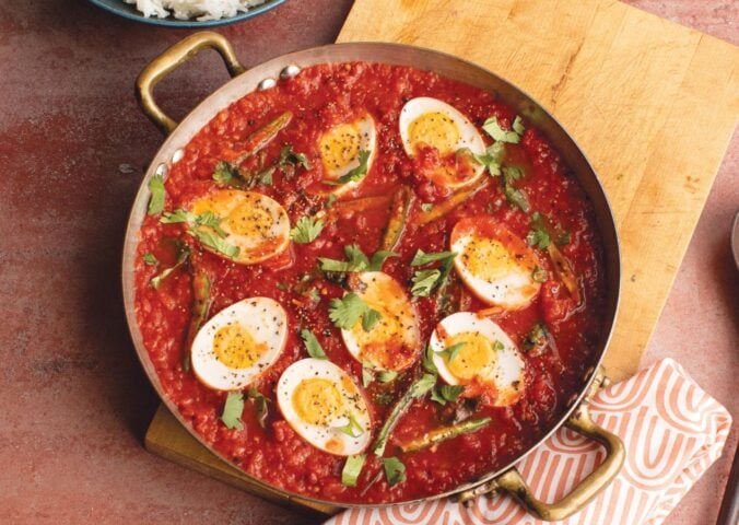 Rougaille Dizef or eggs in tomato sauce with steamy rice