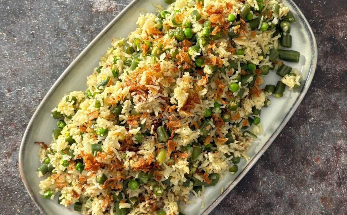 A plate of saffron green bean rice