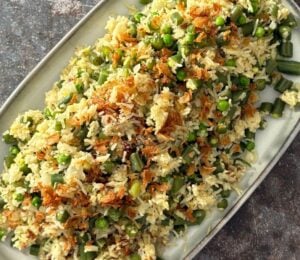 A plate of saffron green bean rice