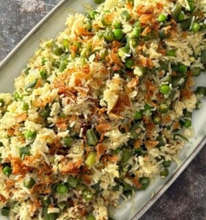 A plate of saffron green bean rice