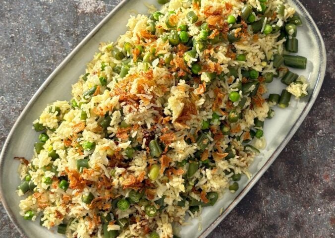 A plate of saffron green bean rice
