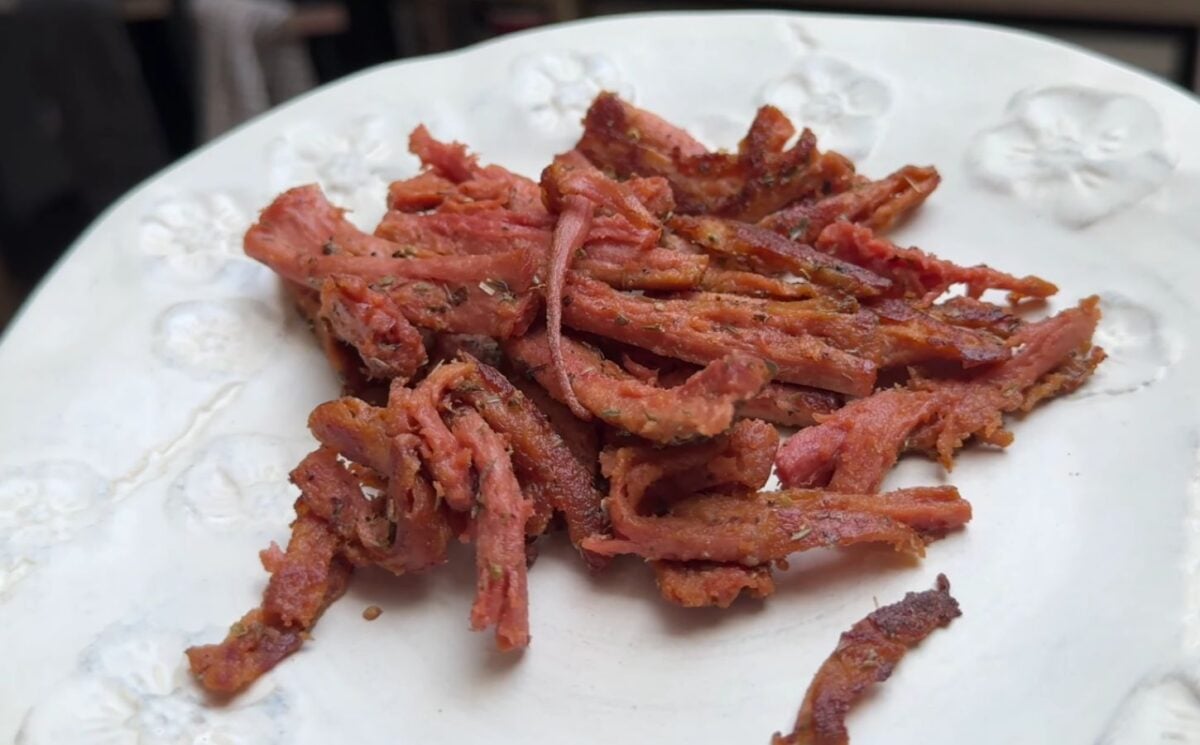 vegan pork from Juicy Marbles cooked in a pan