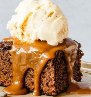vegan sticky date cake with toffee and vanilla ice cream