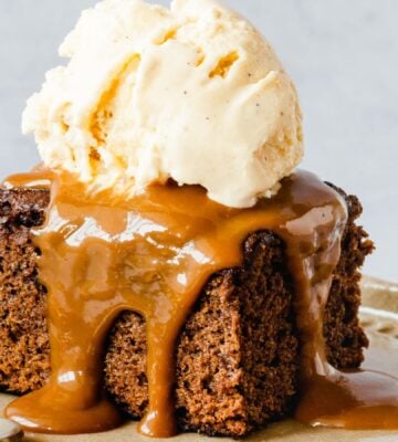 vegan sticky date cake with toffee and vanilla ice cream