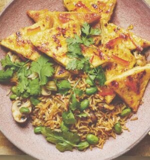 Vegan sticky marmalade tofu cut into thin triangles