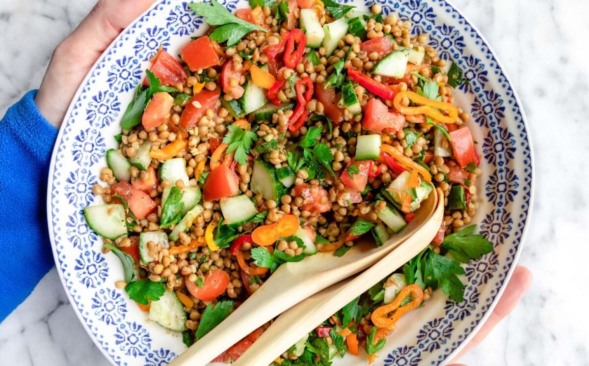 A lentil salad featuring peppers, tomatoes, cucumber, and parsley in a white and blue patterned bowl