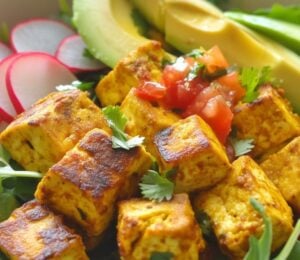 tomato choka salad with chickpea tofu made of chickpea flour