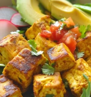 tomato choka salad with chickpea tofu made of chickpea flour