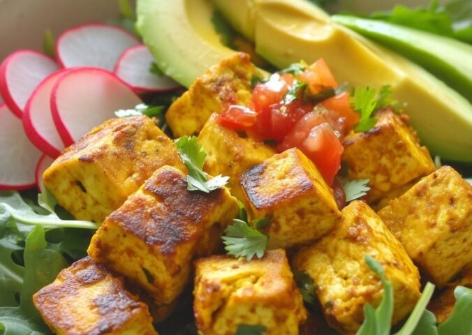 tomato choka salad with chickpea tofu made of chickpea flour