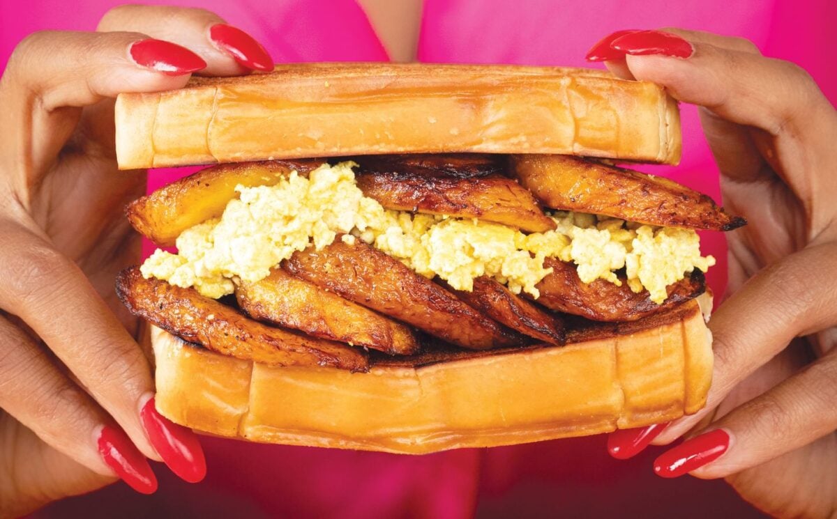 tropical plantain and egg breakfast sandwiches with tofu 'egg'