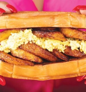tropical plantain and egg breakfast sandwiches with tofu 'egg'