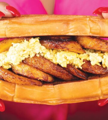 tropical plantain and egg breakfast sandwiches with tofu 'egg'