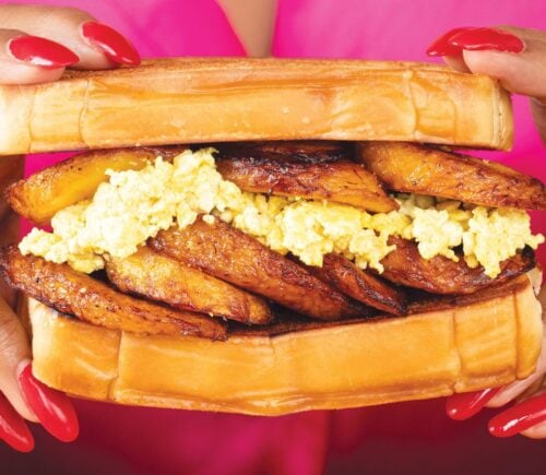tropical plantain and egg breakfast sandwiches with tofu 'egg'