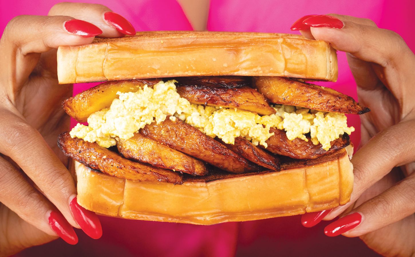tropical plantain and egg breakfast sandwiches with tofu 'egg'