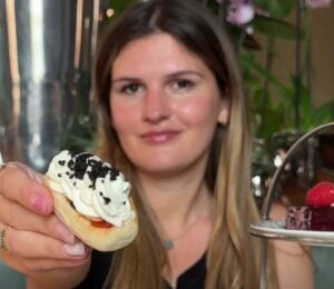 A closeup of a vegan afternoon tea treat at the Royal Albert Hall