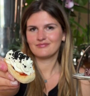 A closeup of a vegan afternoon tea treat at the Royal Albert Hall