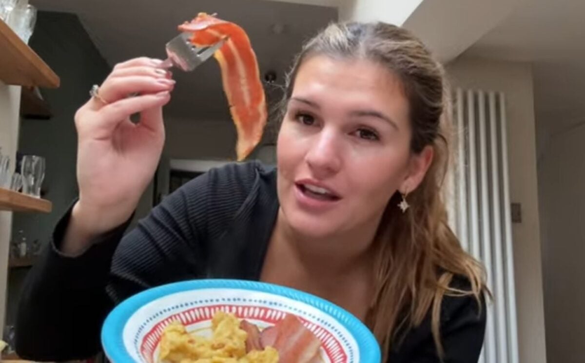Nicole Whittle holds up vegan bacon during her one-day experiment trying the carnivore diet using only plant-based meat alternatives.