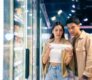 Photo shows a young couple in the supermarket reading the back of a packet together