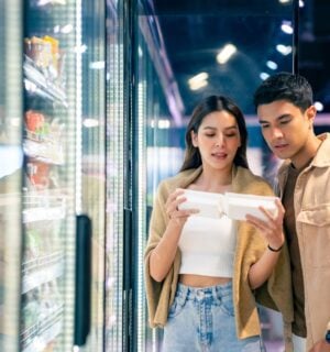 Photo shows a young couple in the supermarket reading the back of a packet together