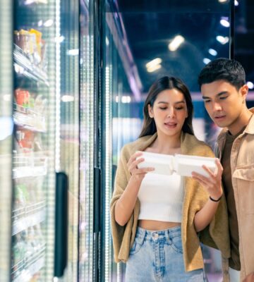Photo shows a young couple in the supermarket reading the back of a packet together
