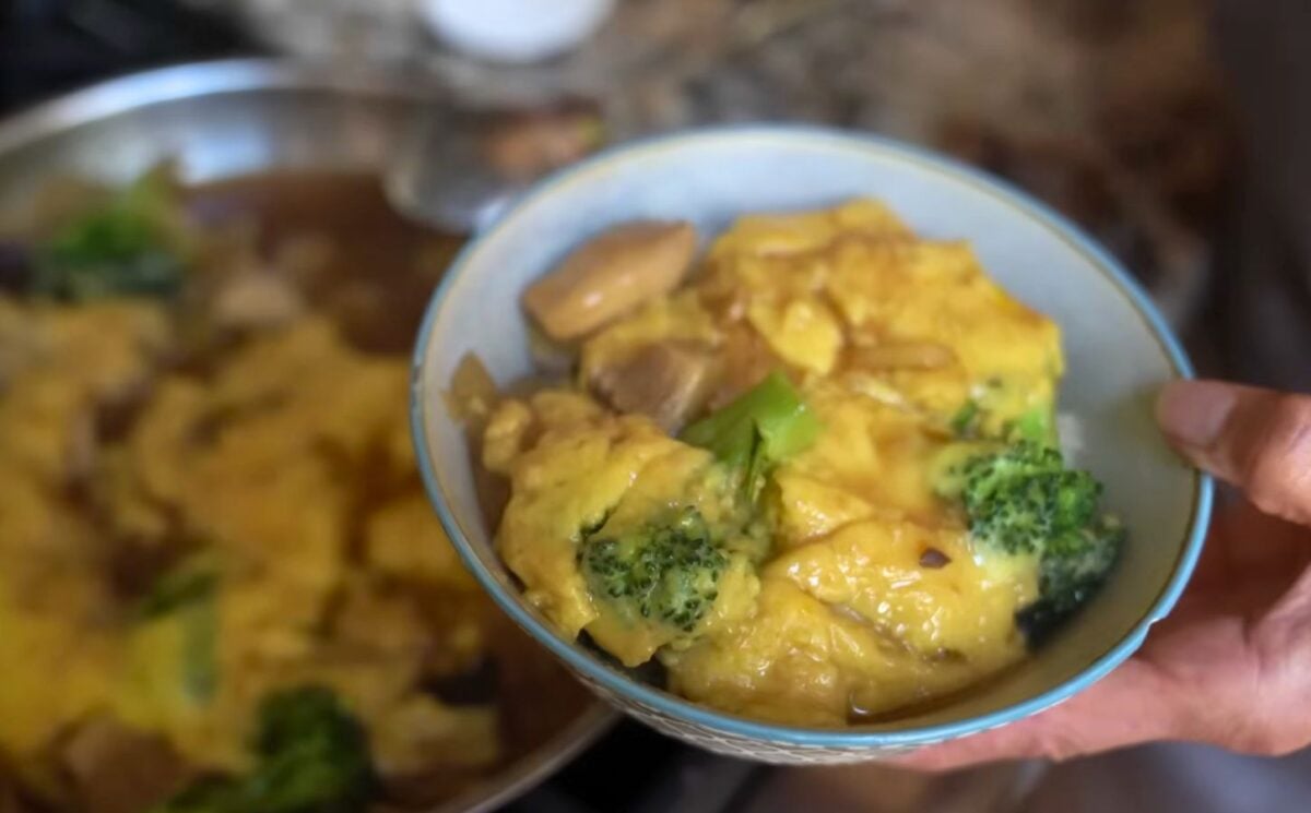 vegan oyako donburi with mushrooms and silken tofu