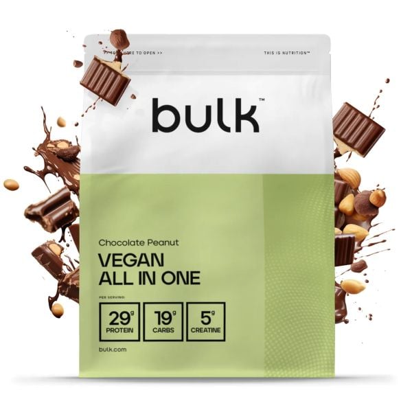 Photo shows a package of Bulk's "Vegan All In One" protein powder