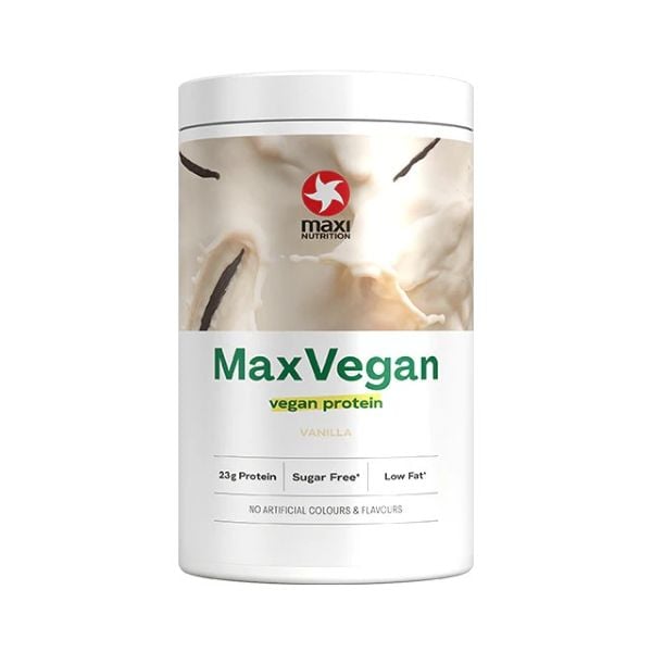 Photo shows's a carton of MaxiNutrition's MaxVegan protein powder