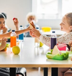 Photo shows a group of school children eating lunch - including juice, fruit, and vegetables - around a cafeteria table