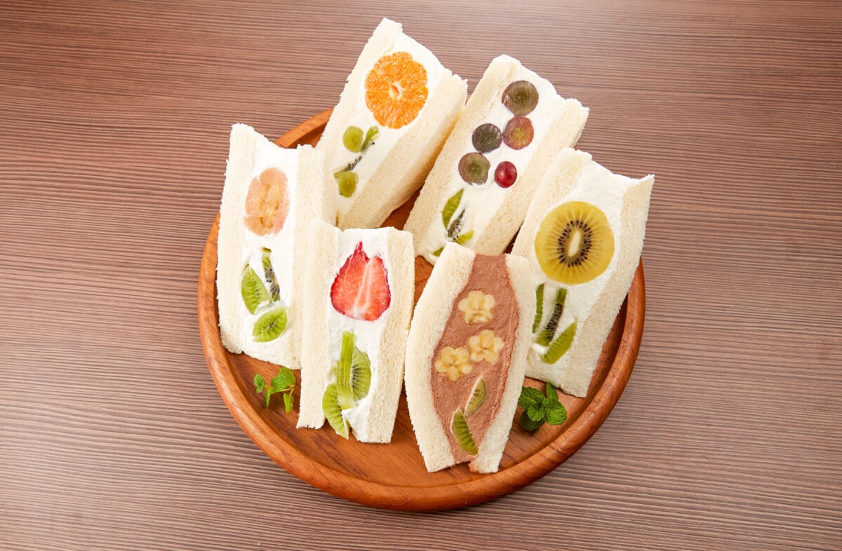Photo shows a selection of Japanese fruit sandwiches, or "furutsu sando"