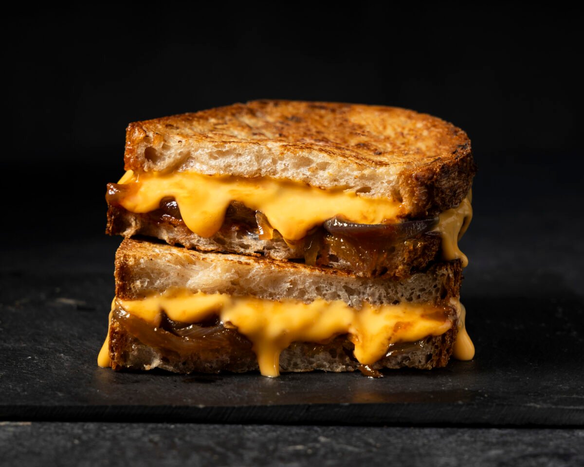 Photo shows a grilled cheese sandwich made with the new Violife cheddar, a vegan cheese with added protein