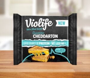 A packet of Violife high-protein vegan cheese on a kitchen shelf