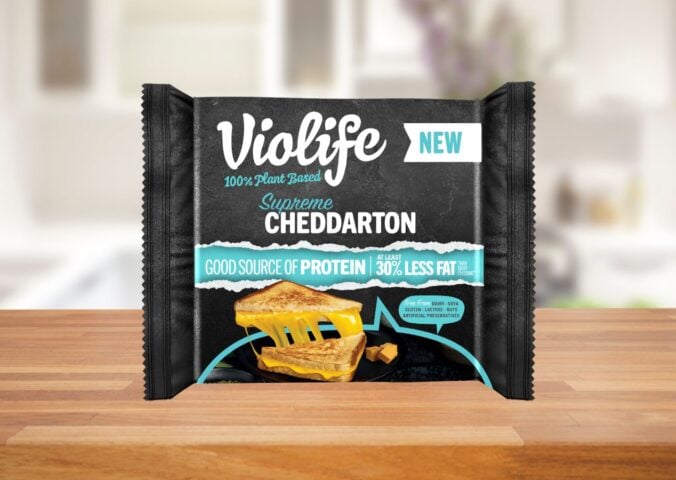 A packet of Violife high-protein vegan cheese on a kitchen shelf