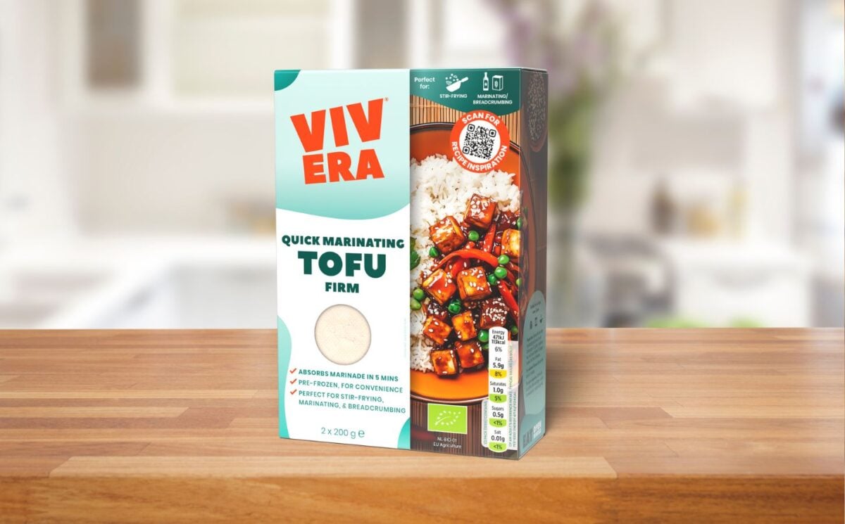A packet of Vivera frozen tofu on a kitchen shelf