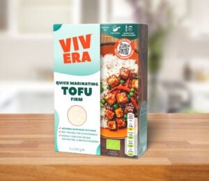 A packet of Vivera frozen tofu on a kitchen shelf