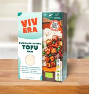 A packet of Vivera frozen tofu on a kitchen shelf