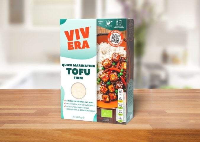 A packet of Vivera frozen tofu on a kitchen shelf