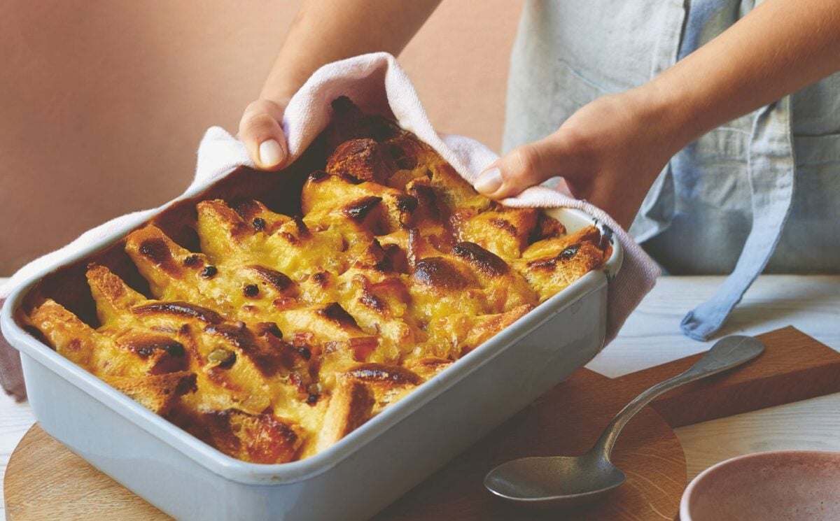 zesty bread and butter pudding with marmalade and sultanas
