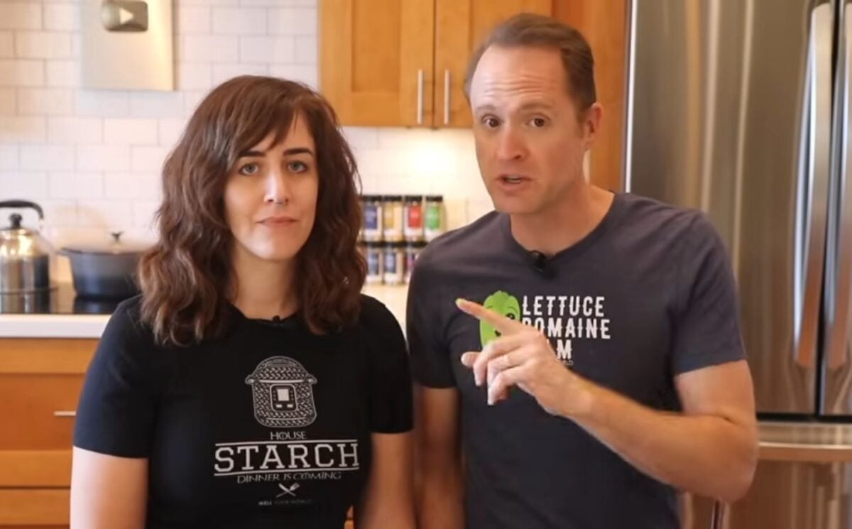 Dillon and Reebs Holmes stand in their kitchen speaking about the habits that have helped them stick to a healthy vegan diet
