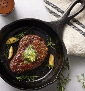 Photo shows the Beyond Steak Filet in a cast iron pan