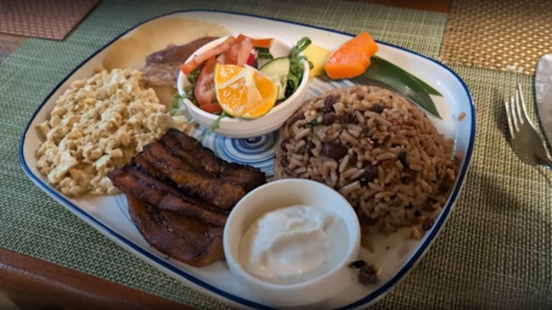 Costa Rican breakfast plate featuring gallo pinto (rice and beans), fried plantains, tofu scramble, fresh salad with cucumber and orange slices, a small dish of vegan cream, and tropical fruit
