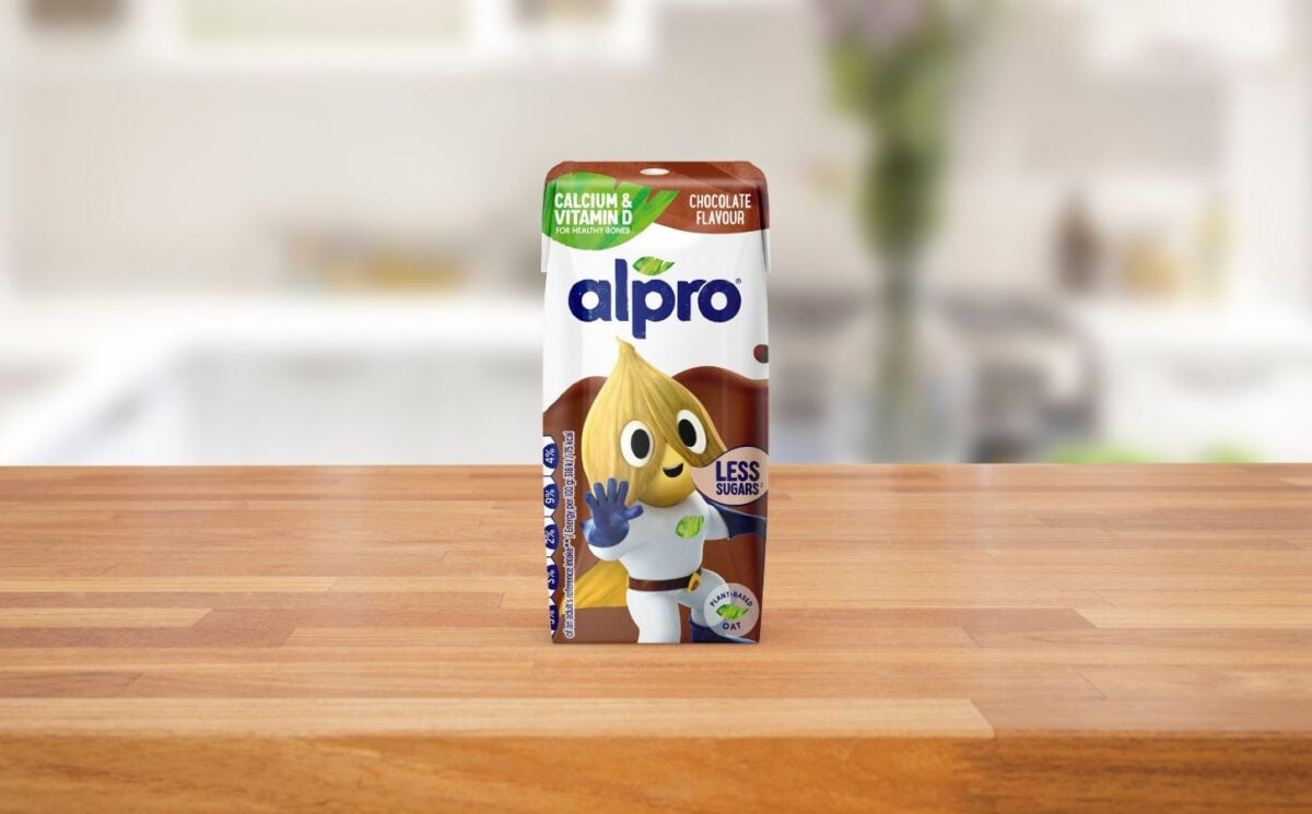 An Alpro kids yogurt drink on a kitchen counter