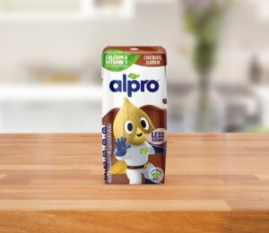 An Alpro kids yogurt drink on a kitchen counter