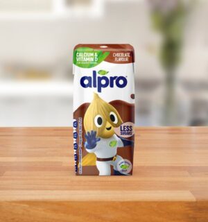 An Alpro kids yogurt drink on a kitchen counter