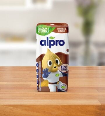 An Alpro kids yogurt drink on a kitchen counter