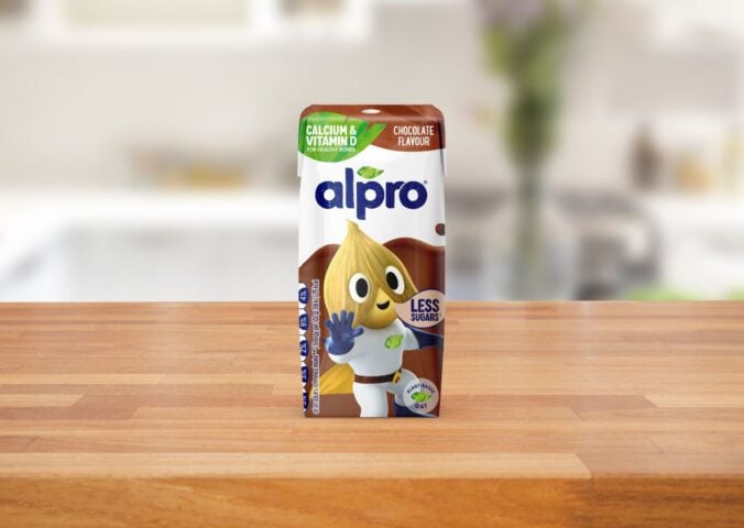 An Alpro kids yogurt drink on a kitchen counter