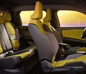 Photo shows the interior of the new Renault 5 E-Tech Electric, including its fully recycled, leather-free upholstery