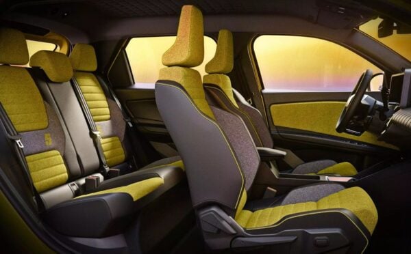 Photo shows the interior of the new Renault 5 E-Tech Electric, including its fully recycled, leather-free upholstery