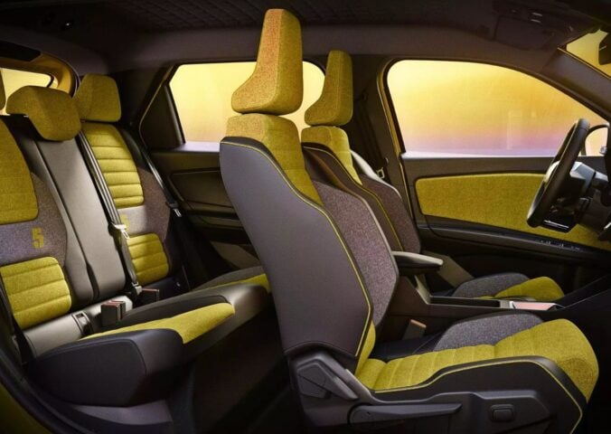 Photo shows the interior of the new Renault 5 E-Tech Electric, including its fully recycled, leather-free upholstery