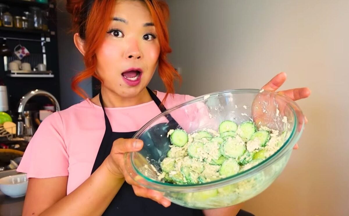 Rose at Cheap Lazy Vegan making cucumber salad from TikTok viral recipes